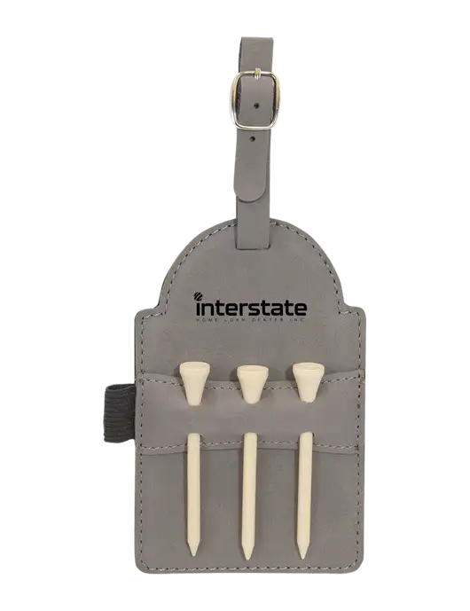 Grey Leatherette Golf Bag Tag with 3 Wooden Tees w/Interstate Logo