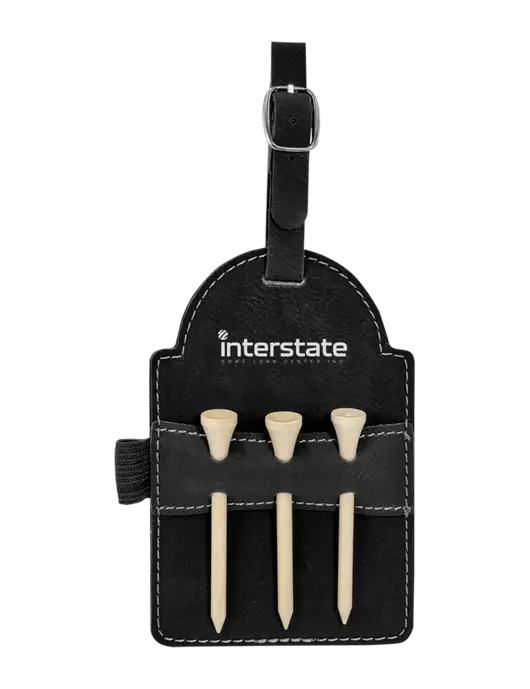 Black Leatherette Golf Bag Tag with 3 Wooden Tees w/Interstate Logo