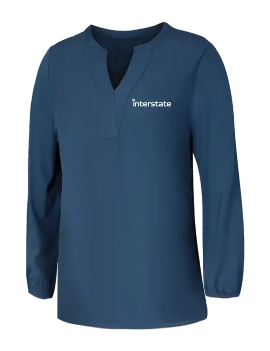 Mercer+Mettle Womens Light Navy Blue Grey Stretch Crepe 3/4 Sleeve Blouse w/Interstate Logo