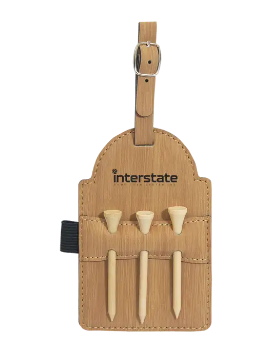 Bamboo Leatherette Golf Bag Tag with 3 Wooden Tees w/Interstate Logo