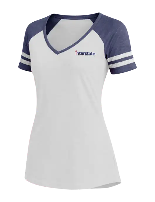Womens White/Navy Heather V-Neck Game Tee w/Interstate Logo